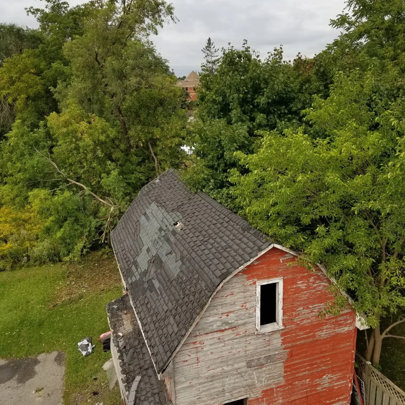 The shingled roof of an older Ontario outbuilding, seen from above